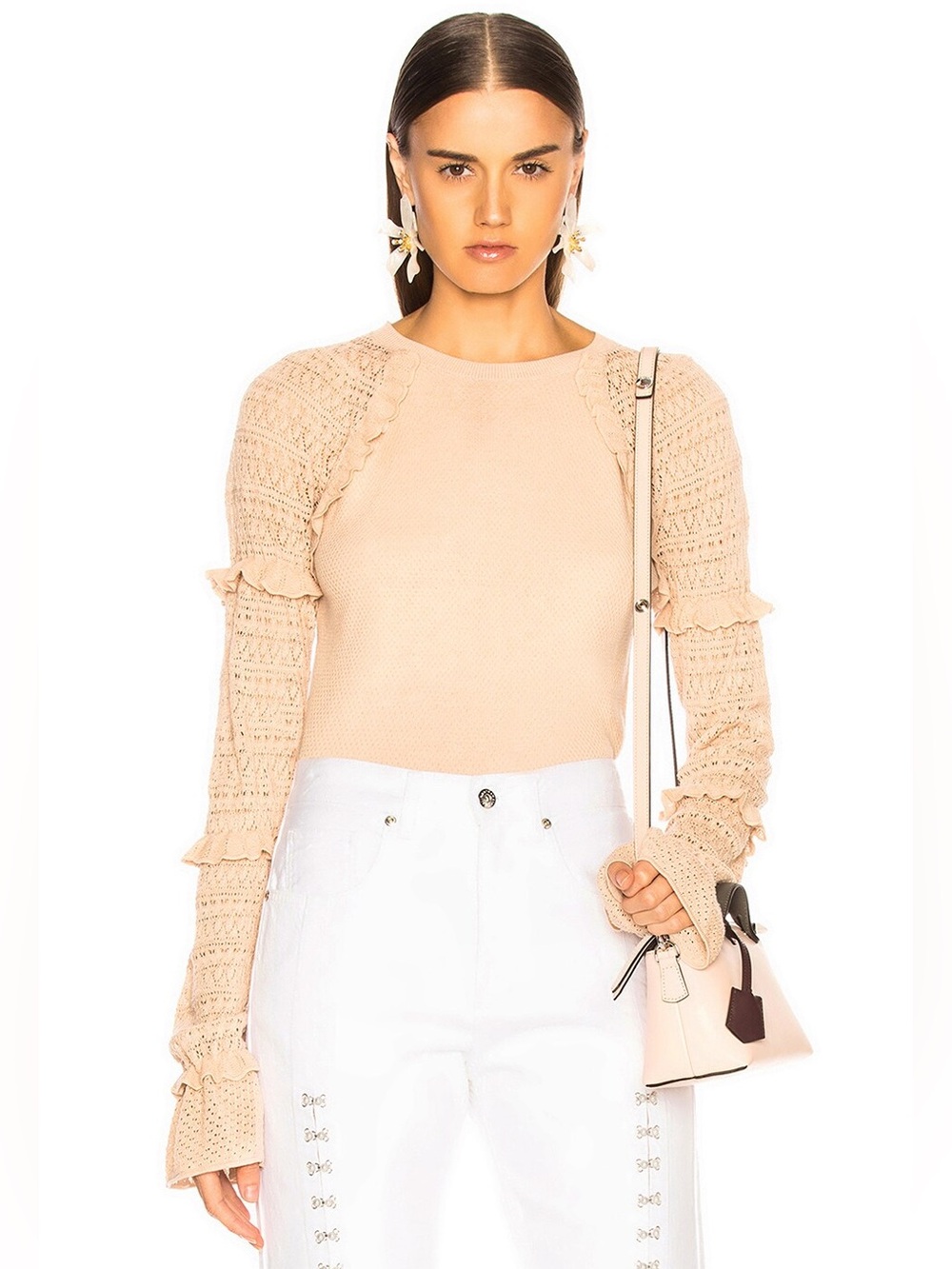 SIMKHAI Ruffles Puff Sleeve Top in Nude size Medium